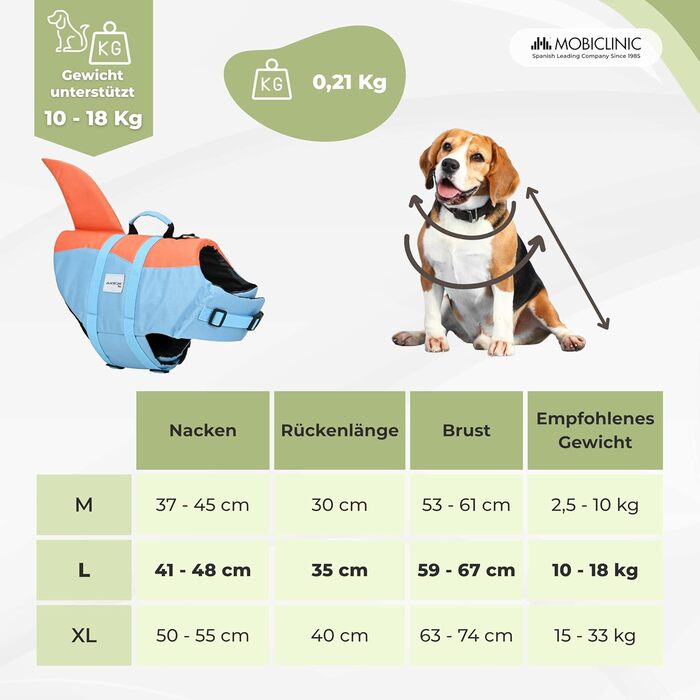 Obiclinic® Sharky: рятувальний жилет для собак з регульованою шлейкою, високою плавучістю та дизайном у стилі акули (блакитний та помаранчевий)