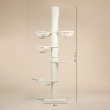 Котячий дряпак RHRQuality Maine Coon Tower Plus для великих котів, висота до 295 см, стовпи з сизалю 20 см, кремовий