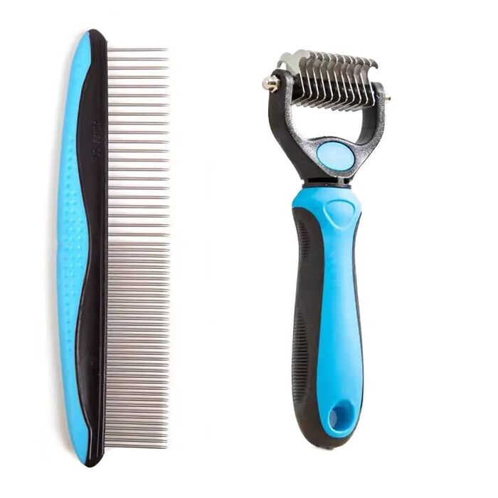Інструмент для видалення підшерстя домашніх тварин: двосторонній гребінь та щітка для котів та собак. Видаляє звальне та заплутане підшерстя. (Синій та чорний, розмір Small)