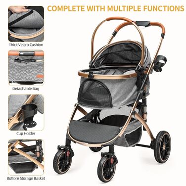 Візок для собак та котів 3-в-1 DWVO: візок, переноска, сумка. До 22 кг, сірий