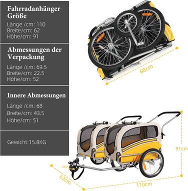 Причеп-перевозник для собак 2-в-1 для велосипеда та бегу - для собак до 30 кг, складний, з гальмами, сигнальним прапорцем, для активного відпочинку та дому, легко збирається (Жовтий)