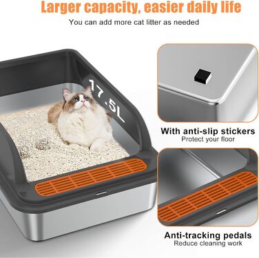 Кігтеточка-лоток для котів Euakee з нержавіючої сталі з кришкою, XL, великий, для великих котів, з високими бортиками, з лопаткою та педалем, антипригарне покриття, захист від протікання, легко чистити