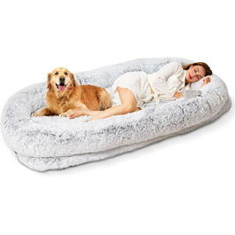 Ортопедичне ліжко для собак XL, 200x112x32 см, сірого кольору. Зручне ліжко для собак та домашніх тварин з великим штучним хутром, знімний та пральний чохол.