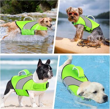 Жилет для плавання собак Doglay, регульований та світловідбиваючий, для плавання та катання на човні, висока плавучість, безпечний жилет з ручками для рятування та D-подібним кільцем, середнього розміру, флуоресцентний зелений та сірий