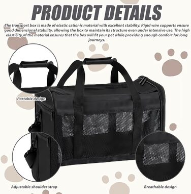 Транспортна переноска для котів та собак, 42x27x28 см, чорна: складана, з мискою для їжі