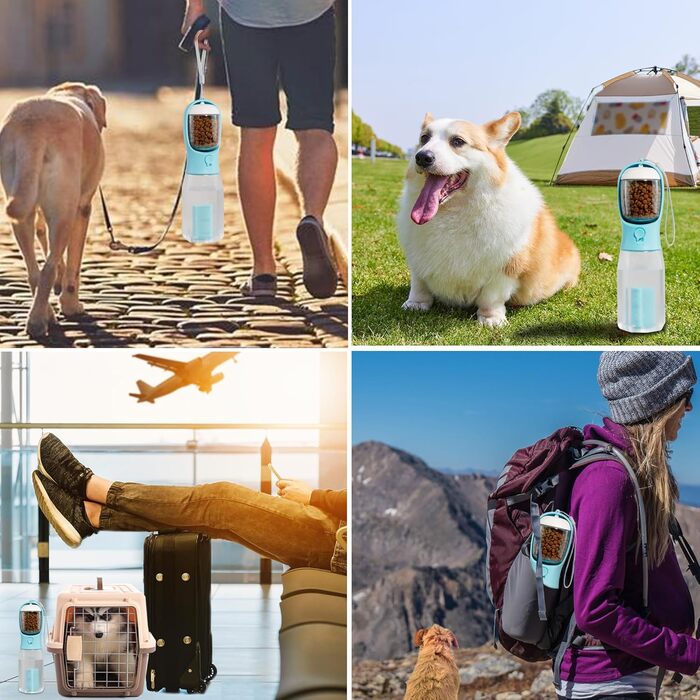 Поїлка для собак Ikusu з контейнером для корму та рулоном для відходів, виготовлена з безпечного пластику, об'єм 590 мл, блакитна