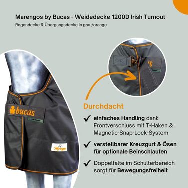Зимова ковдра Marengos Bucas 1200D Irish Turnout - дихаюча та водонепроникна ковдра для вигулу з внутрішнім шаром та перехресним кріпленням. Сірий/Помаранчевий, розмір 145 см (наповнювач 50 г/м²)