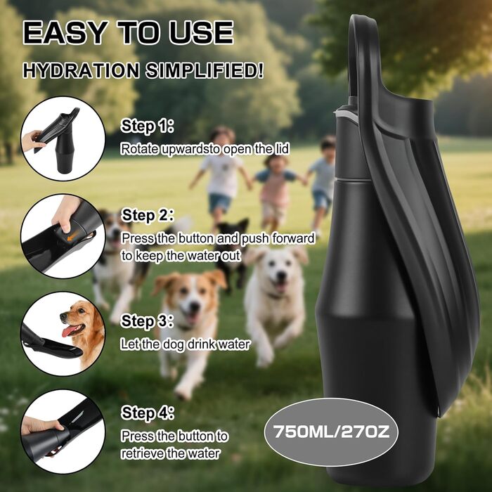 Водяна пляшка для собак на прогулянці - 750 мл, з нержавіючої сталі, подвійні стінки, вакуумна ізоляція, чорна, без витоку