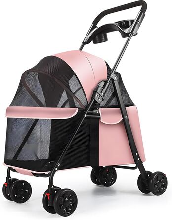 Kamulouk Візок для собак з 4 колесами, туристичний, для вигулу домашніх тварин, з тримачем для напоїв, універсальний для котів та собак, з дихаючою сіткою, для середніх та маленьких собак (Рожевий)