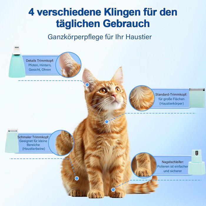 Набір для стрижки котів Dufuso Leise Schermaschine: 4 в 1, LED-підсвічування, професійний триммер для собак та котів, для догляду за лапами, очима, вухами, обличчям та тілом (білий/зелений)
