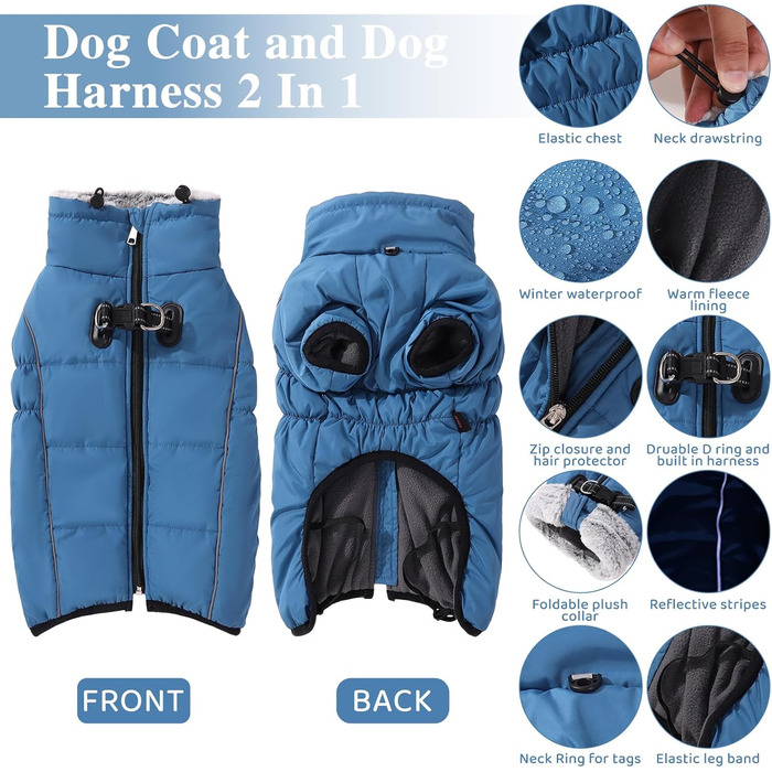 Теплий зимовий одяг для собак Savlot: водонепроникна куртка з флісовою підкладкою для малих, середніх та великих собак, XL, блакитна