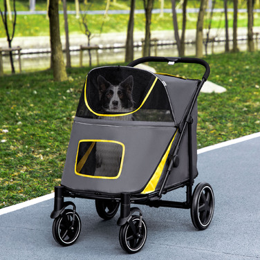 Коляска для собак PawHut Dog Buggy складна з подушкою та страхувальними шнурами, баггі для кішки з сітчастим віконцем та бічною кишенею з тканини Oxford темно-сірого кольору