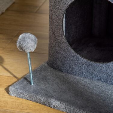 Дряпка для котів PawHut Cosy Chic, багатофункціональний ігровий комплекс з будиночком, платформами, лежаком і ігровим м'ячем, знімний та миючий фетровий плед, плита ДСП, плюш, 48x48x100 см, сірий