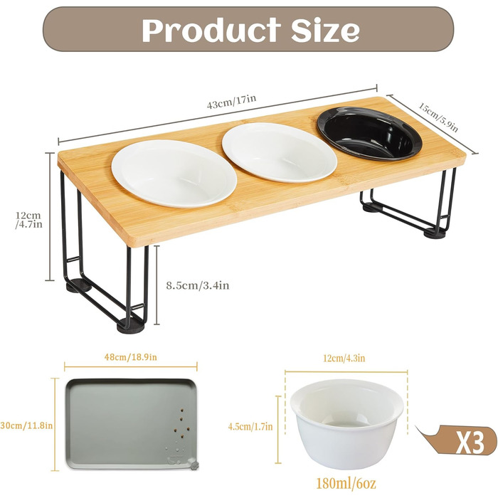 Набір мисок для котів Ousiya Katzennapf Erhöht (3 шт.) з кераміки з підставкою з силікону, 15° нахил, для оптимальної постави при годуванні, запобігає блювоті