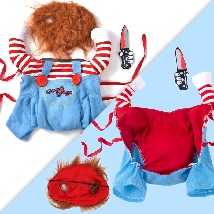 Костюм на Хелловін для собак - Чакі, костюм для собак, лялька-вбивця, веселий одяг для собак, регульований, косплей, костюм для маленьких, середніх собак, великий, синій
