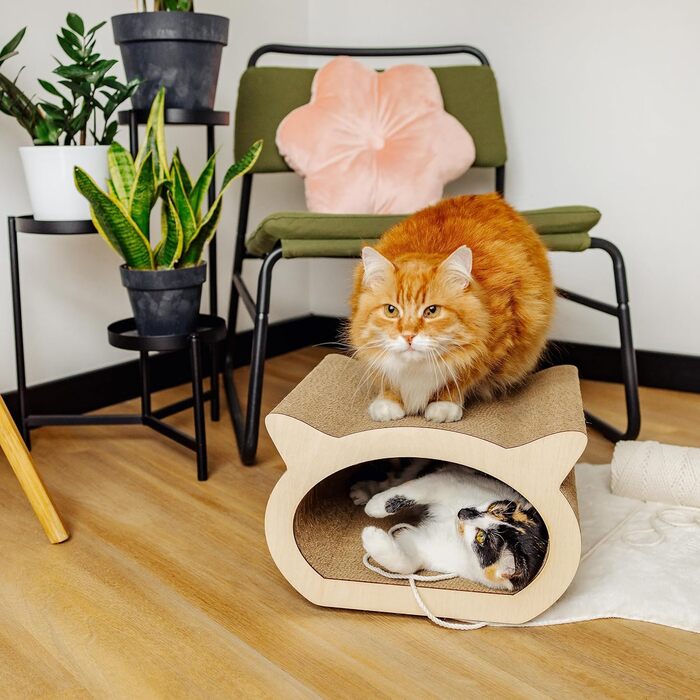 Котяче дряпальня | Дряпка з посиленої картонної конструкції | Натуральні дряпальні дошки | Міцні меблі для котів | 2в1 Дряпка-будиночок для котів | Якісний картон | Великий розмір (37 x 36 x 37 см, у формі кота)
