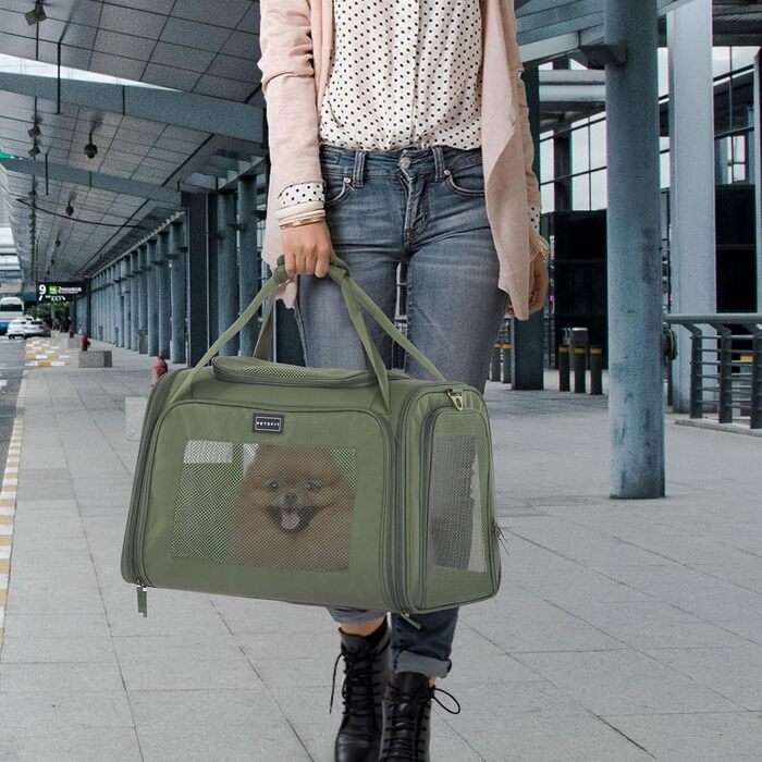 Транспортна переноска для котів та собак Petsfit, складана, 50L, оливковий, з м'яким килимком