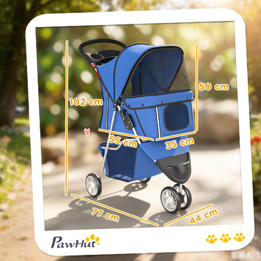 Дитячий візок для собак (buggy), складаний, до 10 кг, з кошиком, подушкою та сітчастими вікнами, для малих порід, 77x44x102 см, синій