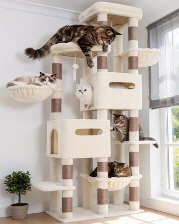 Heybly Katzenbaum 190 см, XXL Дряпка для великих котів, стійка висока когтеточка з великою платформою, 2 печери, гамак та міцні стовпи з сизалю, котячі меблі, HCT062G (Бежевий)