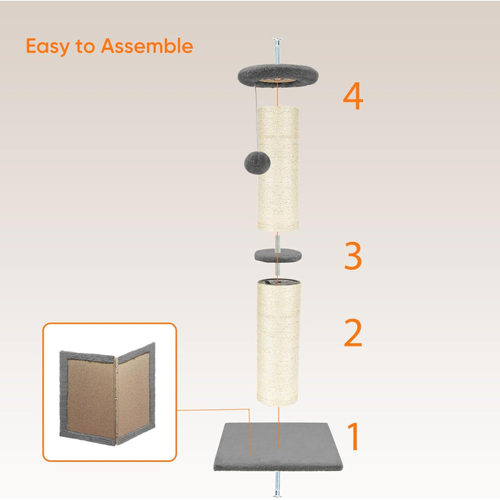 Кігтеточка для котів PAWSCRAT, 81.3 см, великий діаметр, сизаль, з м'ячиком, стійка до подряпин, довговічна, для дому, захист меблів, сірий