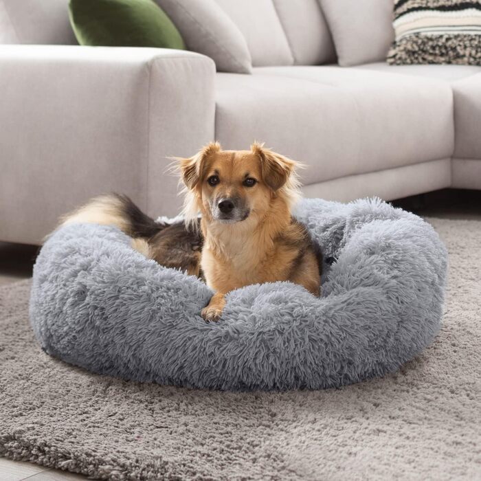 Кругле ліжко для собак PETSTUFF, нековзке, пране, світло-сіре, 60 см