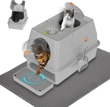 Місцезнаходження Katzenklo Edelstahl з кришкою, XXL туалет для котів закритий з двома відсіками для наповнювача, килимок для наповнювача та лопатка, двостулковий дизайн, легко чистити, утримує запах, сірий