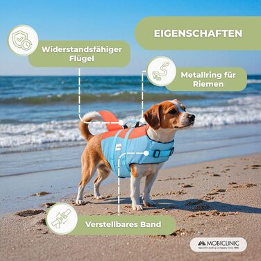 Obiclinic® Sharky: рятувальний жилет для собак з регульованою шлейкою, високою плавучістю та дизайном у стилі акули (блакитний та помаранчевий)