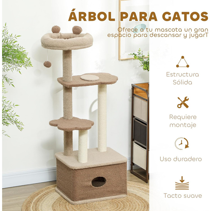 Кігтеточка PawHut для котів, 133 см: багатоярусна з платформами, кулькою та стійкою з джуту, коричнева