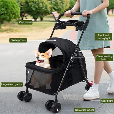 Дитяча коляска для собак: складана модель для маленьких та середніх порід, з тримачем для напоїв (чорна)