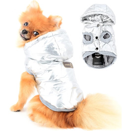 PAIDEFUL Зимовий теплий пуховик для собак - куртка з капюшоном для маленьких собак, чихуахуа, котів. Розмір M, сріблястий колір. Водонепроникний, вітрозахисний. Довжина спини 25 см, обхват грудей 37 см.