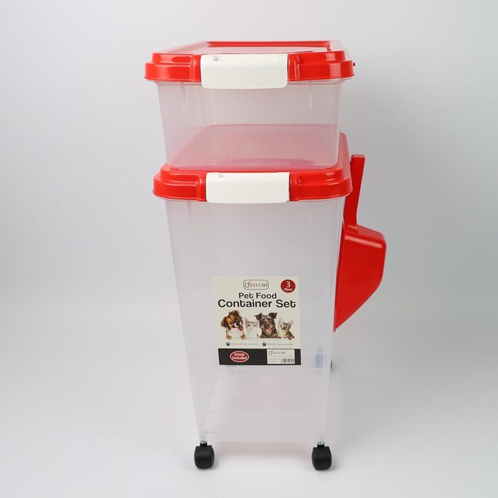 DIVCHI Контейнер для зберігання корму для тварин, 3 шт. з мірною ложкою, для собак, котів, корму для тварин, сухий корм, з роликами (Червоний)