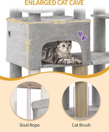 Котячий будиночок Hzuaneri XXL з 10 стовпчиками для дряпання, 2 печерами, 2 гамаками, великою платформою, щітками для котів, кошиком. Підходить для Maine Coon, великих котів, сірий колір MS20018LG