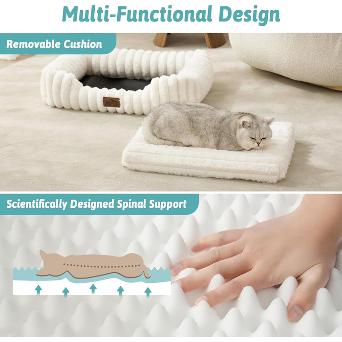 Ортопедичне миється собаче ліжко для котів та маленьких собак, м'який кошик з штучного хутра, диван для домашніх тварин з високим бортиком, антиковзаюче, 64 x 53 x 15 см, бежевий