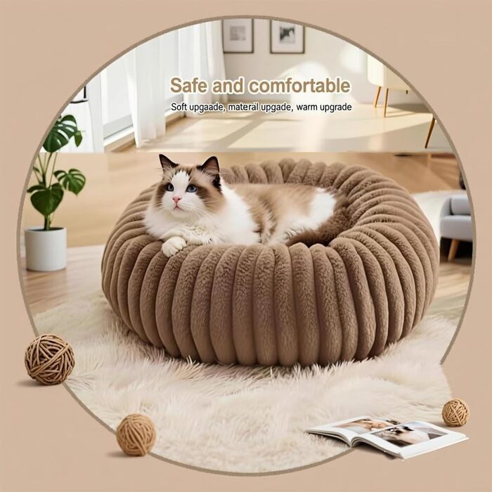 М'яке ліжко для домашніх тварин: ліжко для собак, ліжко для котів, кругла форма, пончик, корзина для собак, м'яке ліжко для кошенят, місце для сну для котів, маленьких та середніх собак та інших тварин (колір: коричневий, діаметр: 50 см)