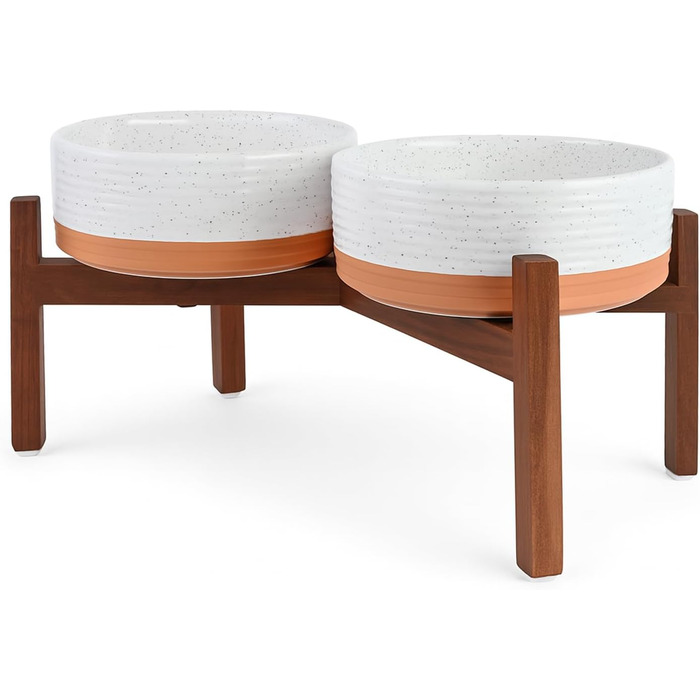 Миска для собак SpunkyJunky з кераміки, подвійна, піднята на підставці з акації, для великих собак (1250 мл, білий та червоно-коричневий)