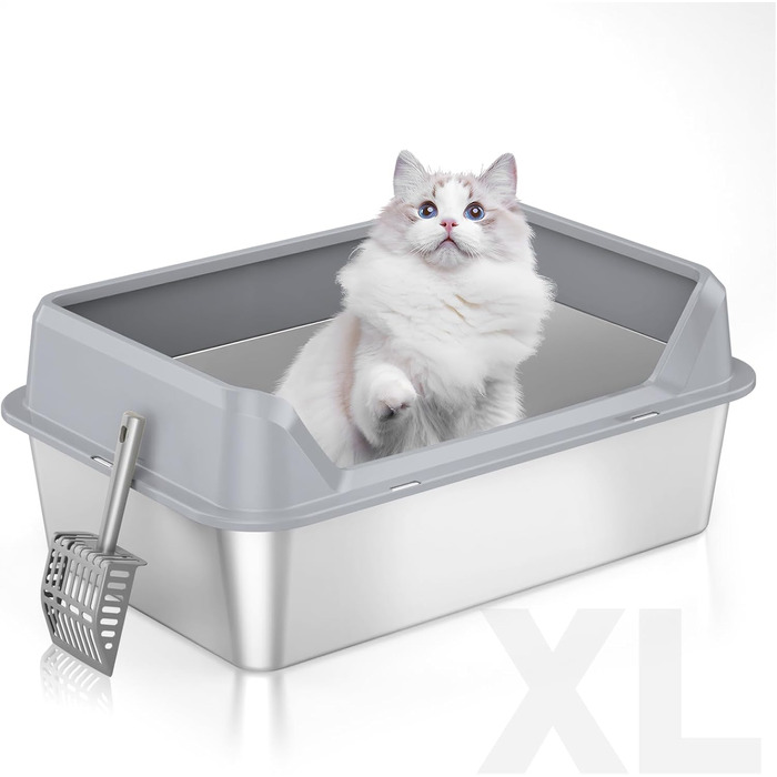 Відкрита котяча туалетна з нержавіючої сталі XXL, без запаху, з високим бортиком, сіра