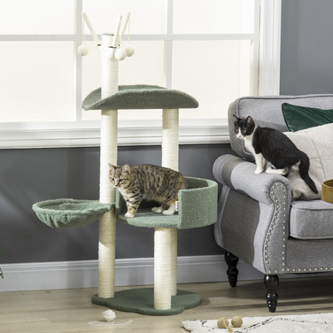 PawHut Cat Tree 123H см Лазильне дерево з кошиком і м'ячем, сизалева колона, ДСП, зелений + кремовий білий| Аосом
