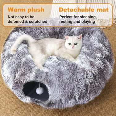 Туннель для котів FURRYPAWS XXL 3-в-1 – 160 см, ліжко, регульований, дихаючий, металевий каркас, складаний, для великих котів та дрібних тварин (темно-сірий з іграшкою)