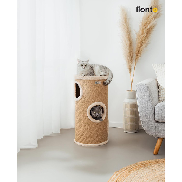 Котячий когтетоп Lionto з сизалю з іграшковим м'ячиком та плюшевим обідком, висота 50 см. Стабільний когтетоп для кошенят та дорослих котів, ідеальний догляд за кігтями та розваги, багато місць для хованнів, діаметр 36 см, висота 50 см (джут, висота 70 см