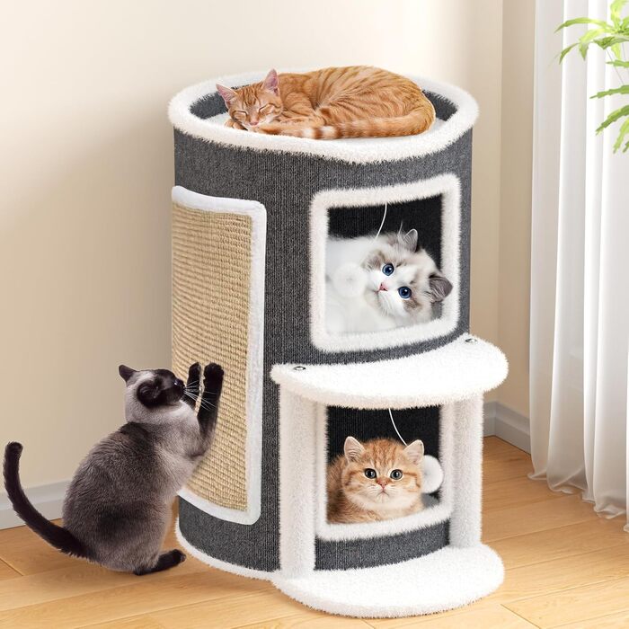 Двоповерхова кімната-будиночок для котів з когтеточкою, платформа та іграшкою, 60x40x40 см / 40x40x60 см