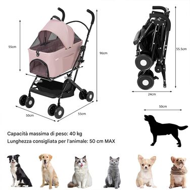Дитяча та переносна візок для тварин BAKAJI 2 в 1, 40 кг, знімний кошик для перенесення та зберігання (Рожевий)