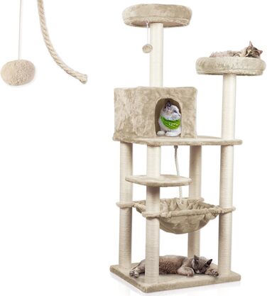 Когтеточка-комплекс Lycce Kratzbaum Royal 145 см: багатоярусна з 10 когтеточками, гніздом, гамаком, 4 платформами, плюшевим м'ячиком, бежева, стабільна, економна