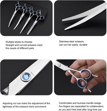 Набір для грумінгу собак: професійні ножиці з нержавіючої сталі, гребінець, прямі та зігнуті ножиці для собак та котів