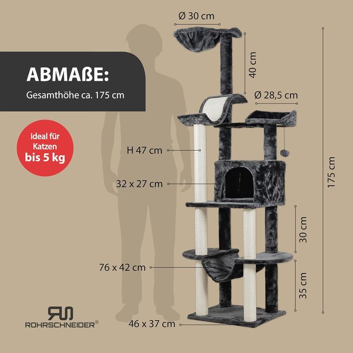 Котячий будиночок Rohrschneider Katzenbaum Travel XL з іграшкою та гамаком - стабільний котячий будиночок для великих котів (сірий)