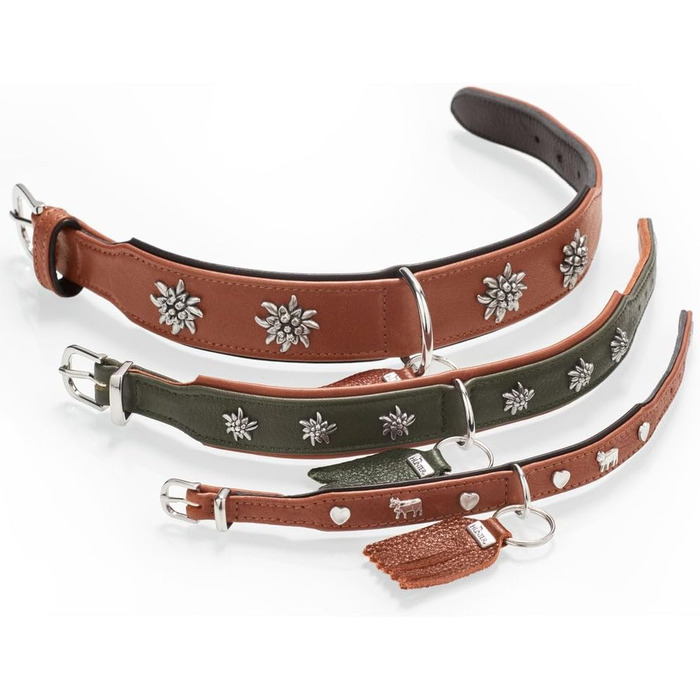 Нашийник для собак HUNTER München зелений/cognac, шкіряний, з елементами традиційного одягу, м'який та міцний, не травмує шерсть, розкішний, екологічно чистий, виготовлений у Німеччині, розмір 50