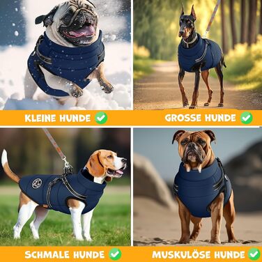 LOVPET® Зимова куртка для собак 4XL, водонепроникна, утеплена, з вбудованим шлейкою, рефлекторами та D-кільцем, темно-синя, у комплекті 45 пакетів для прибирання та диспенсер