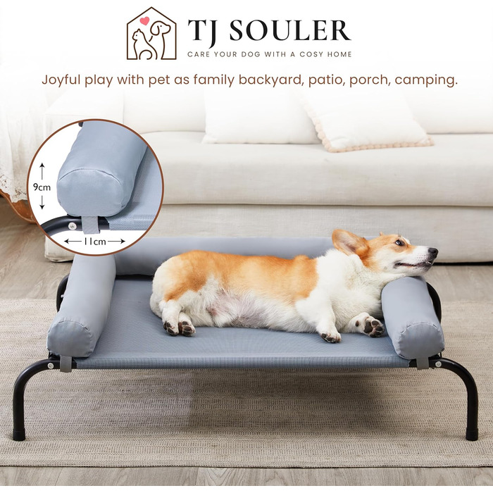 Зручне ліжко для собак на вулицю з піднятим бортиком, охолоджуюче, для маленьких та середніх собак, сіре, 87x63.5x20 см