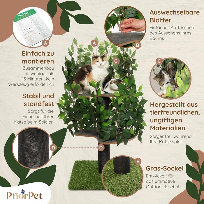 Котячий дряпак Natur 120 см зелений — великий ігровий комплекс для лазіння, хованок і сну, знімне листя, легкий монтаж, безпечні матеріали, патентована міцна конструкція