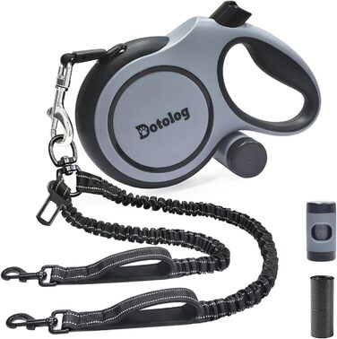 Рулетка для собак Dotolog 8м з двома лініями, з безпечною застібкою, для собак середніх та великих порід (сірий/чорний)
