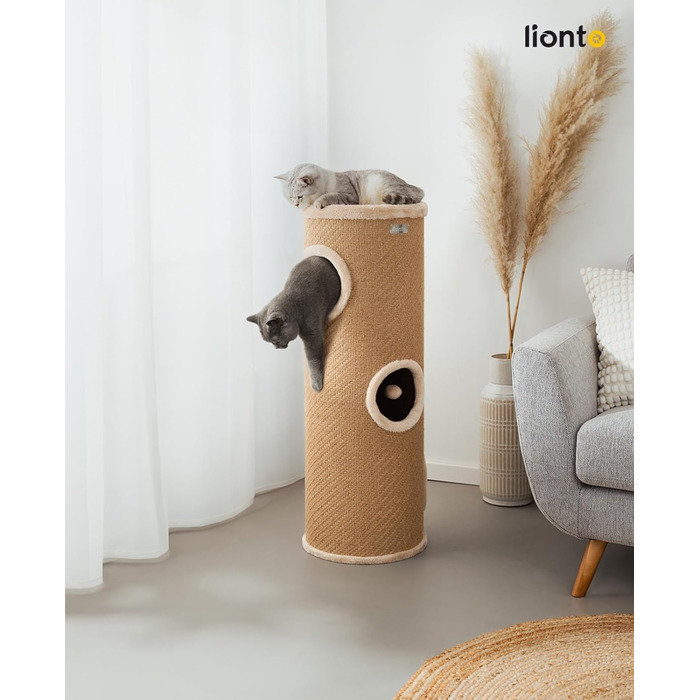 Котячий кігтетоп Lionto з сизалю з іграшковим м'ячиком та плюшевим обідком, 50 см, стабільний, для кошенят та дорослих котів, догляд за кігтями, розваги, багато місць для ховання, Ø 36 см, висота 50 см
